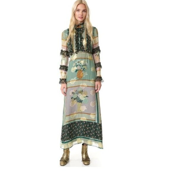 Anna Sui Patchwork Bouquet Maxi Dress Jade Multi Floral Print Fall '16 Size 2 - Picture 2 of 6